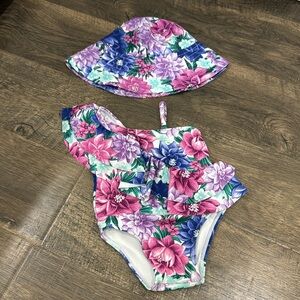 Janie & Jack Floral Ruffle Swimsuit One Piece with matching Floral Sun Hat